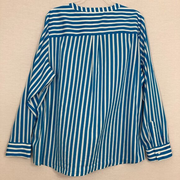 Calvin Klein Blue White Striped Quarter Zip V Neck Popover Blouse 1X Office - Picture 9 of 10